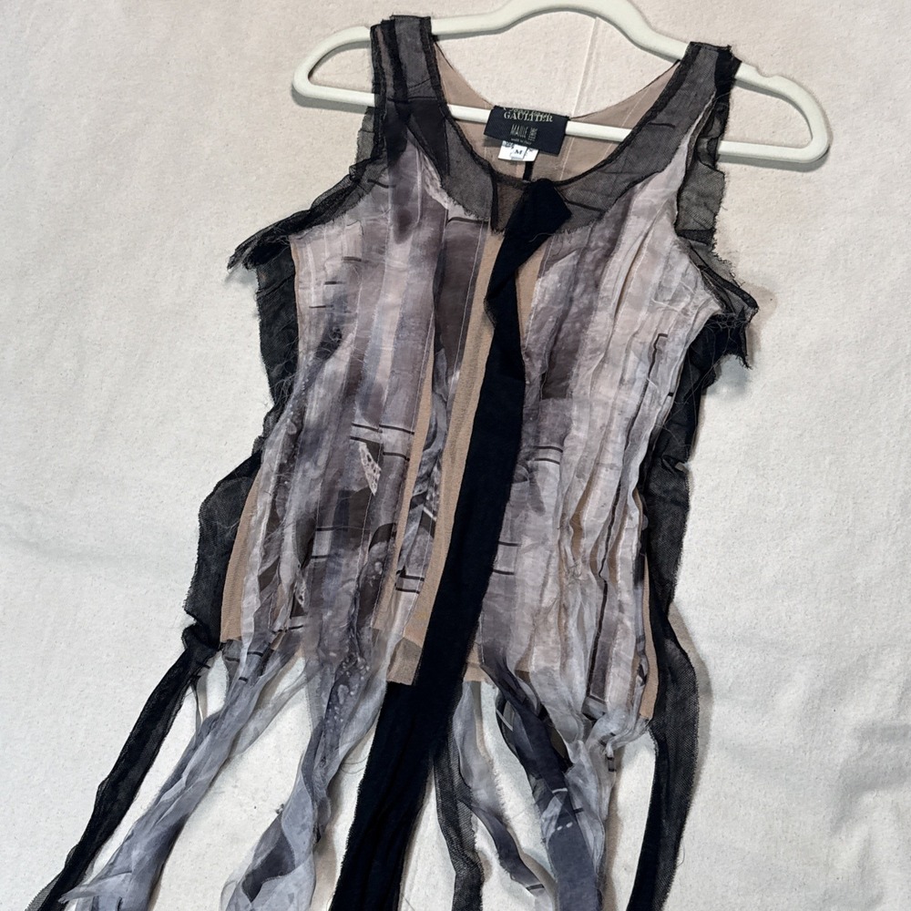 Jean Paul Gaultier Black and Gray Sheer Ribbon Tank Top - Picture 2 of 12